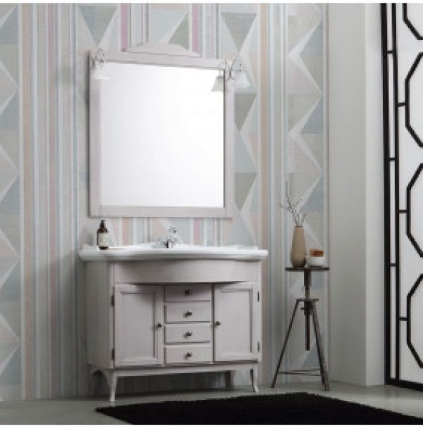 MEUBLE DE SALLE DE BAIN EN LAMBEAUX AU SOL AVEC LAVABO ET MIROIR