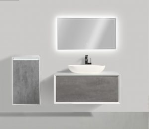 Meuble de salle de bain Fiona 900 – façade effet béton ou chêne – miroir et colonne de rangement en option