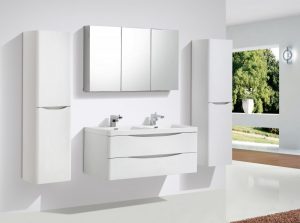 Meuble de salle de bain à suspendre SMILE 1200, blanc-lys – en option miroir et armoire murale