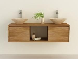 Meuble de salle de bain teck à suspendre Aprila L140 cm  -2 PORTES PLEINES