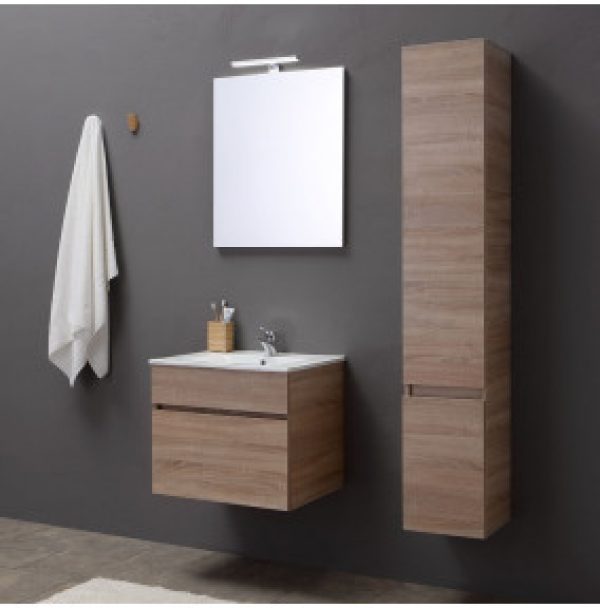 MEUBLE DE SALLE DE BAINS DE 60 CM AVEC TIROIR, MIROIR ET LAVABO EN CHÊNE | SÉRIE SOLE