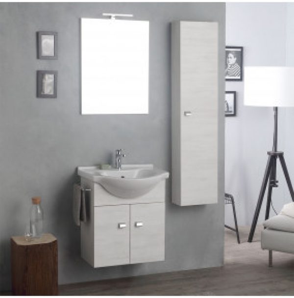 MEUBLE DE SALLE DE BAINS SUSPENDU AVEC ARMOIRE, MIROIR ET COLONNE EN CHÊNE BLANC