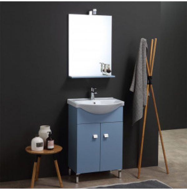 MEUBLE VASQUE SUR PIEDS 56 CM BLEU COMPLET DE MIROIR-APPLIQUE
