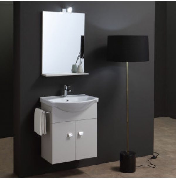 PETIT MEUBLE-LAVABO 58 CM GRIS PERLE + MIROIR ET LAMPE PETITS ESPACES