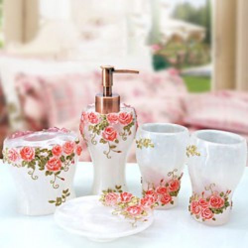 5 pièces d’accessoires modernes pour salle de bain à motif fleurs