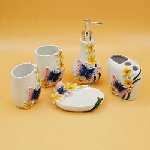 5 pièces d’accessoires pour salle de bain à motif de fleurs et papillons en résine