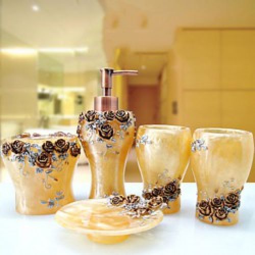 5 pièces d’accessoires pour salle de bain à motif fleurs en résine jaune