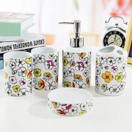 5 pièces d’accessoires pour salle de bain à motif fleurs