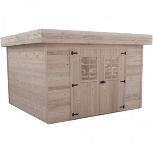 Abri de jardin madriers bois massif 11.36m², toit plat mono pente avec bac acier