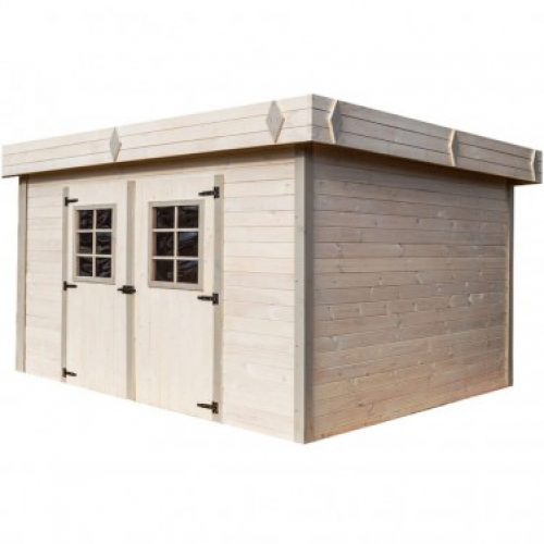 Abri de jardin madriers bois massif 16.77m², toit plat mono pente avec bac acier