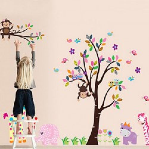 Affiche murale Arbre, fleurs, singe, girafe