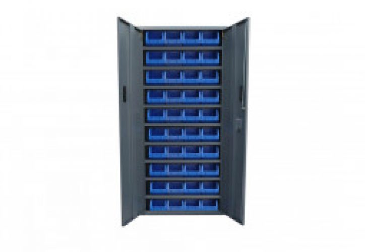 Armoire de Rangement Acier 2 Portes + 40 Bacs Bleus 4L 260x760x1600