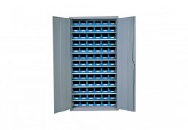 Armoire de Rangement Acier 2 Portes + 84 Bacs Bleus 1L 260x760x1600