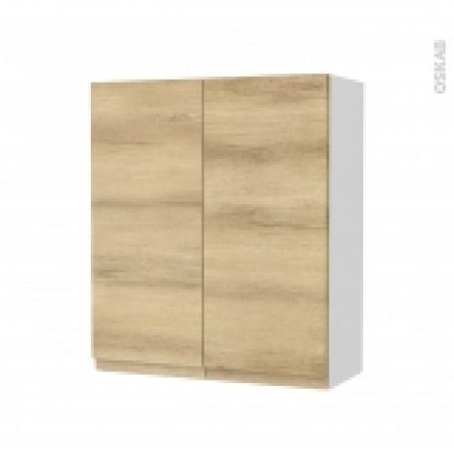 Armoire De Salle De Bains Rangement Haut Ipoma Chene Naturel 2 Portes Cotes Blancs L60 X H70 X P27 Cm