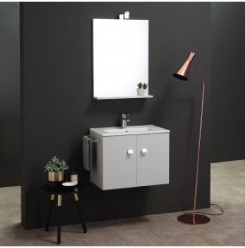 ARMOIRE DE TOILETTE MURALE AVEC VASQUE CARRÉE EN CÉRAMIQUE GRISE PERLE MATTE
