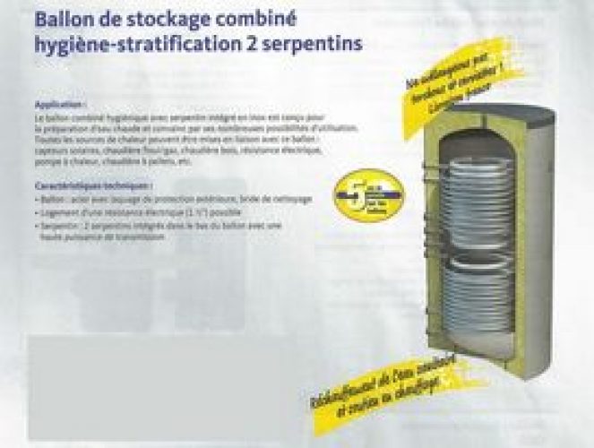 Ballon sanitaire-chauffage acier 800 litres 2 serpentin, prépa eau chaude inox 1900×990(790) Classe A+
