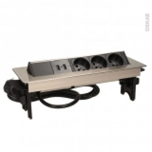 Bloc Prise Rectangulaire Pour Plan De Travail 3 Prises 2 Usb Finition Inox