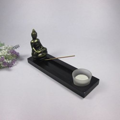 Bougeoir Candélabre, Bouddha Figurine sur piédestal avec un photophore en Polyrésine et Bois