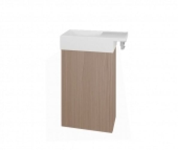 Burgbad Yumo Gäste Bad – Mineralguss-Waschtisch mit Unterschrank Version links eiche dekor toffee