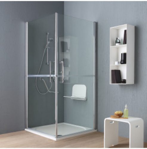 CABINE DE DOUCHE POUR  HANDICAPÉES OU PERSONNES AGÉES 90×90 EN VERRE AVEC DOUBLE OUVERTURE BATTENTE
