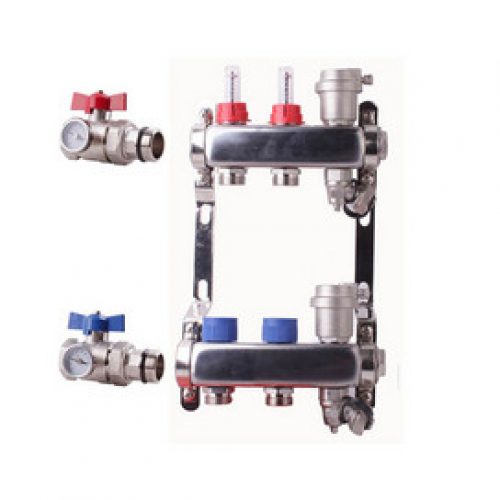 Collecteur PCBT 1 » inox monté complet avec débimetres 9 départ/arrivé M3/4EK avec vannes d’entrée coudées