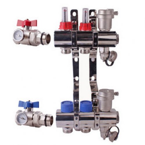 Collecteur PCBT 1 » laiton monté complet avec débimetres 2 départ/arrivé M3/4EK avec vannes d’entrée coudées