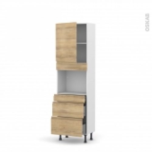 Colonne De Cuisine N2158 Four Encastrable Niche 45 Ipoma Chene Naturel 1 Porte 3 Tiroirs L60 X H195 X P37 Cm