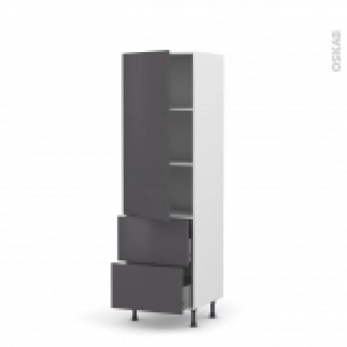 Colonne De Cuisine N2757 Armoire Etagere Ginko Gris 2 Tiroirs Casserolier L60 X H195 X P58 Cm