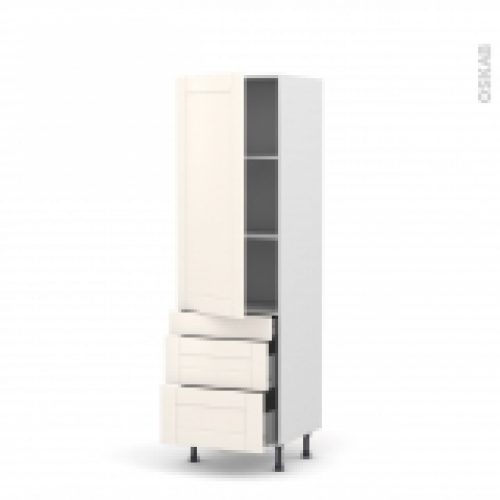 Colonne De Cuisine N2758 Armoire Etagere Filipen Ivoire 3 Tiroirs Casserolier L60 X H195 X P37 Cm