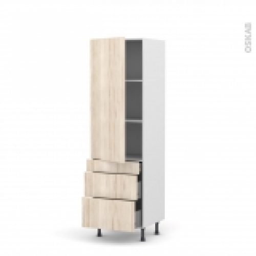 Colonne De Cuisine N2758 Armoire Etagere Ikoro Chene Clair 3 Tiroirs Casserolier L60 X H195 X P58 Cm