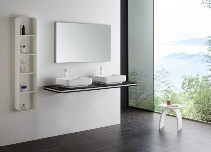 Console double vasque en MDF – SMART-Line – wenge – largeur sélectionnable – support de fixation en option