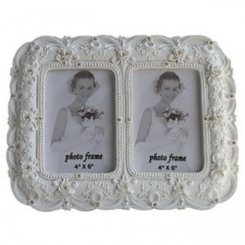 Double cadre photo de style rustique en polyrésine blanc