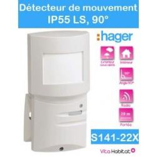 Détecteur de mouvement  90°, 10m – IP55 LS – S141-22X – radio Logisty Hager – pile lithium fournie