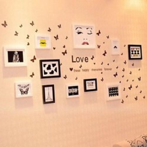 Ensemble de 11 cadres photos de style contemporain en bois noir et blanc avec autocollant de mur