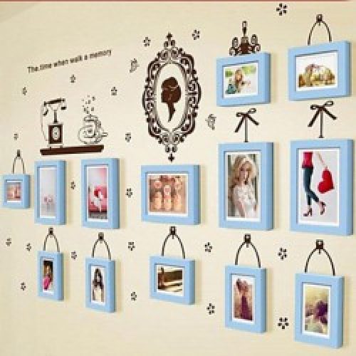 Ensemble de 13 cadres photos de style moderne en bois bleu avec décoration murale