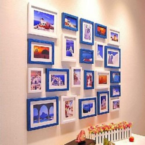 Ensemble de 22 cadres photos de style moderne en bois bleu et blanc