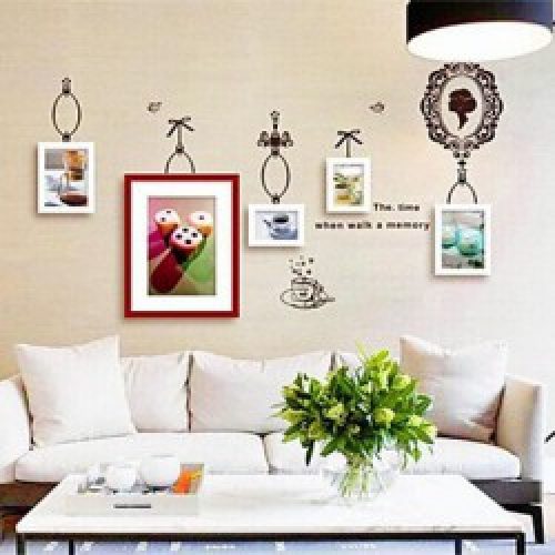 Ensemble de 5 cadres photos de style moderne en bois blanc et marron avec autocollant de mur