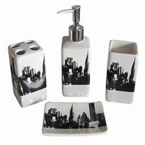 Ensemble de 6 accessoire de salle de bain avec 12 crochets de rideaux à motif gratte-ciel