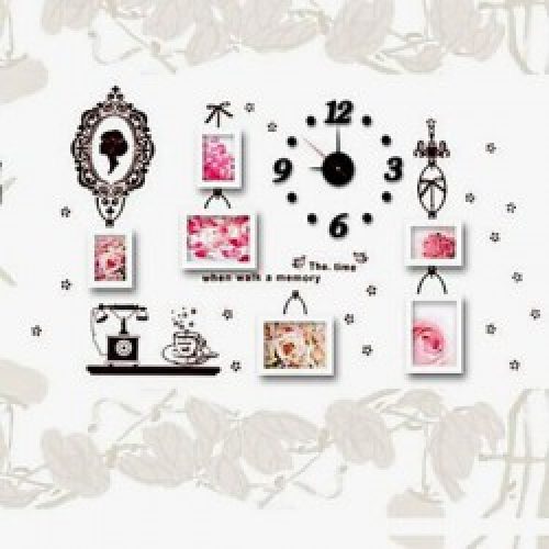 Ensemble de 6 cadres photos de style contemporain en bois blanc avec autocollant et horloge murale