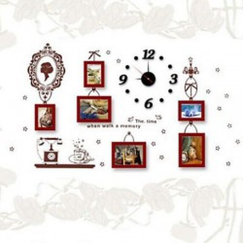 Ensemble de 6 cadres photos de style contemporain en bois marron avec autocollant et horloge murale