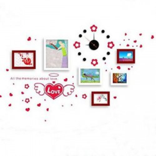 Ensemble de 6 cadres photos de style contemporain en bois marron et blanc avec horloge murale