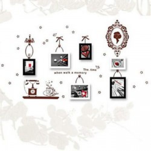 Ensemble de 6 cadres photos de style contemporain en bois noir et blanc avec autocollant de mur