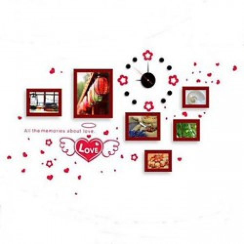 Ensemble de 6 cadres photos de style moderne en bois marron avec autocollant et horloge murale