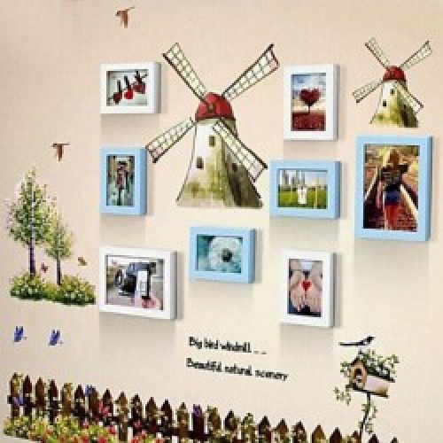 Ensemble de 8 cadres photos de style contemporain en bois bleu ciel et blanc avec autocollant de mur