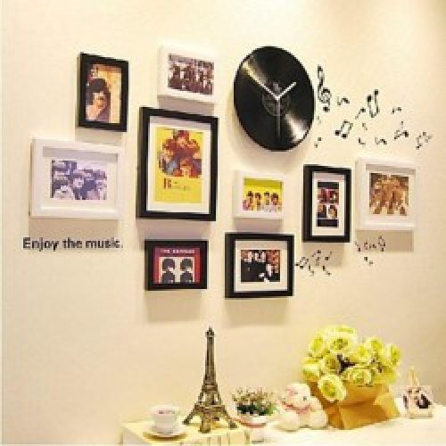 Ensemble de 9 cadres photos de style moderne en bois noir et blanc avec horloge murale