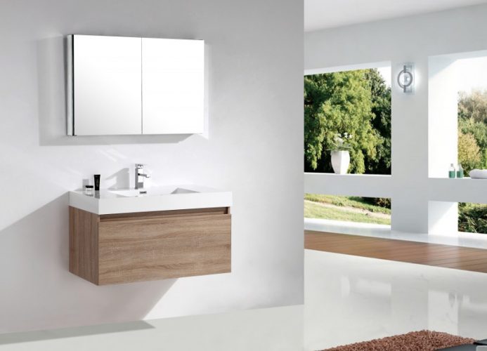 Ensemble de salle de bain A1000 couleur chêne clair – armoire de toilette et meuble mural en option