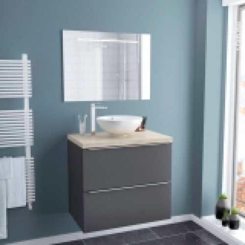 Ensemble Salle De Bains Meuble Ginko Gris Plan De Toilette Chene Clair Ikoro Vasque Bol Miroir Lumineux L80 X H70 X P50 Cm