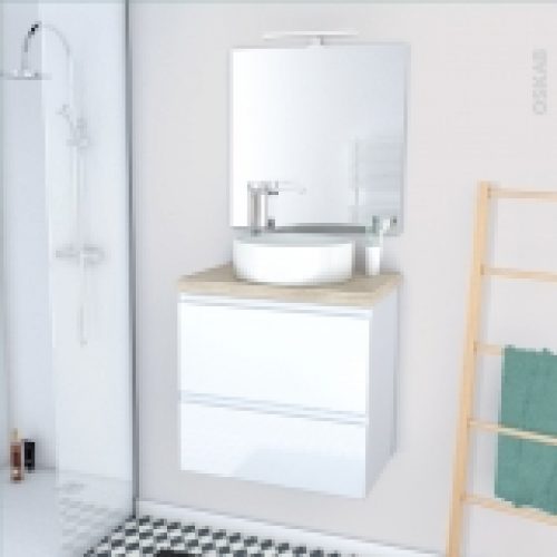 Ensemble Salle De Bains Meuble Ipoma Blanc Brillant Plan De Toilette Chene Clair Ikoro Vasque Ronde Miroir Et Eclairage L60 X H57 X P40 Cm