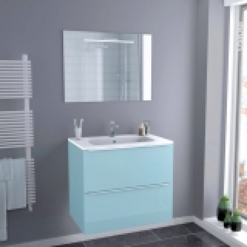 Ensemble Salle De Bains Meuble Keria Bleu Plan Vasque Resine Miroir Lumineux L805 X H715 X P505 Cm
