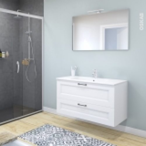 Ensemble Salle De Bains Meuble Static Blanc Plan Vasque Resine Miroir Et Eclairage L1005 X H585 X P505 Cm